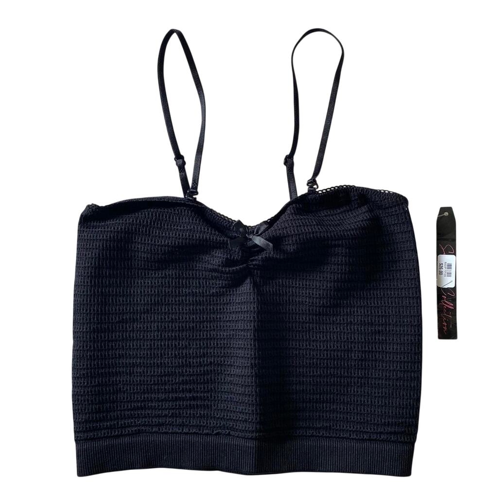 Textured Bandeau Stretchy Black Ribbed Cropped Tube Top Removable Straps Sz XS/S